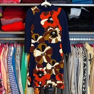 Eci navy/orange floral 3/4 sleeve mock neck back zipper closure dress size S